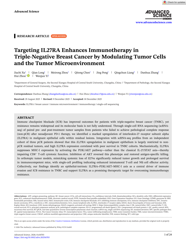 Targeting IL27RA Enhances Immunotherapy in Triple-Negative Breast Cancer by Modulating Tumor Cells and the Tumor Microenvironment