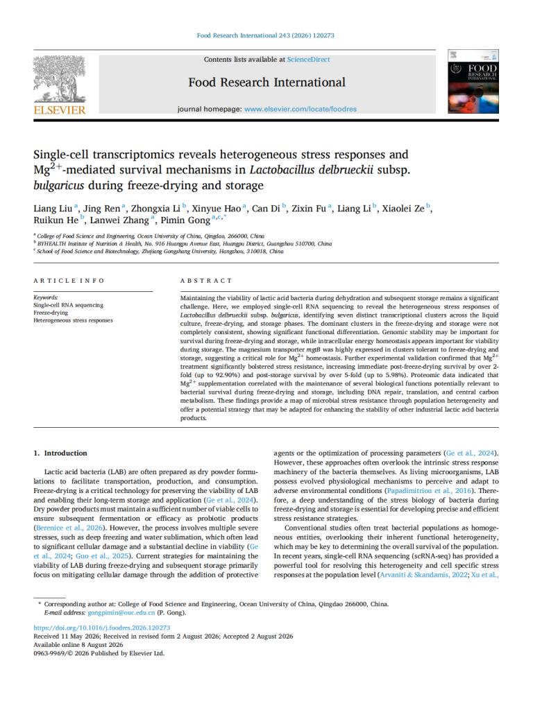 Single-cell transcriptomics reveals heterogeneous stress responses and  Mg2+-mediated survival mechanisms in Lactobacillus delbrueckii subsp.  bulgaricus during freeze-drying and storage